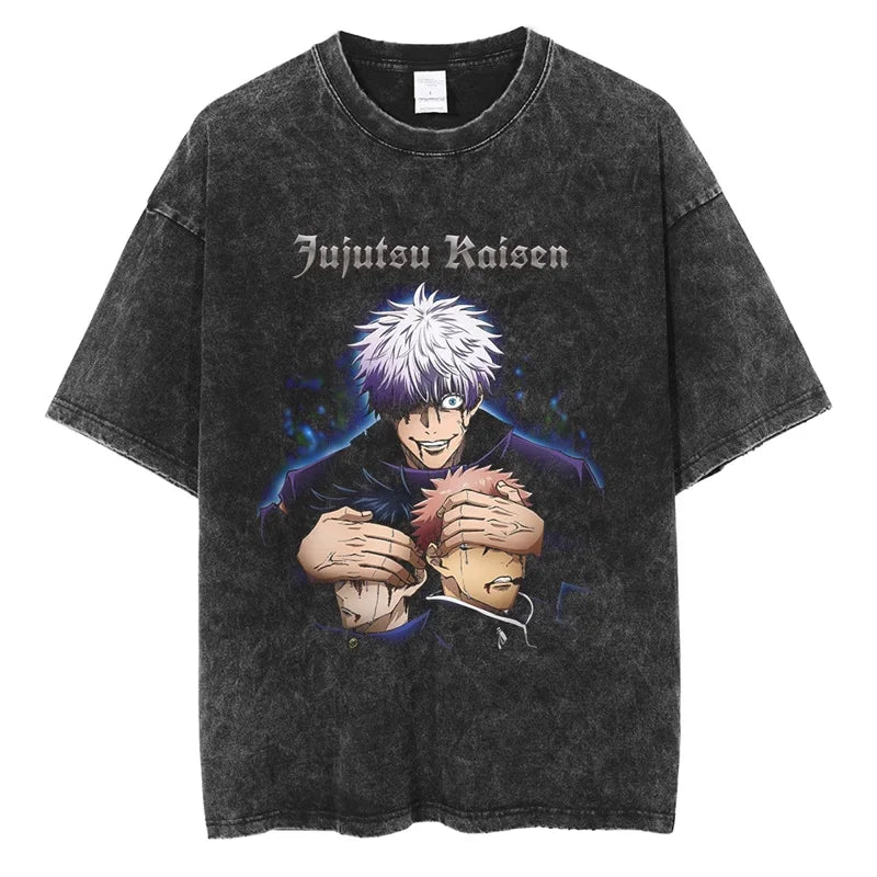 T-shirt Jujutsu Kaisen Gojo Sourire Deux Têtes : noir délavé avec impression « Jujutsu Kaisen » et personnages manga en bleu