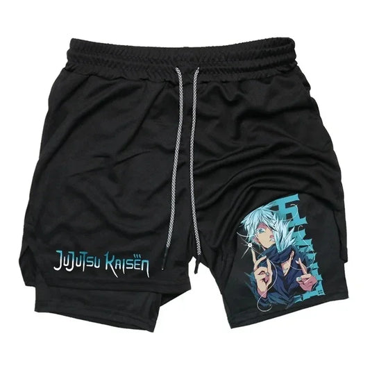 Short Jujutsu Kaisen Gojo Néon Bleu Deux Doigts : noir à cordon, imprimé Jujutsu Kaisen bleu néon sur la jambe.