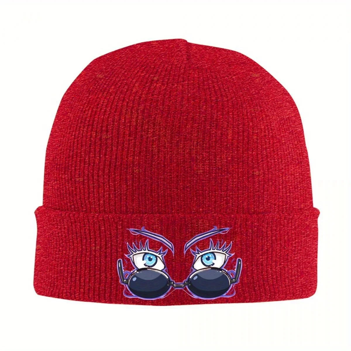 Bonnet tricot rouge, bord côtelé, logo de personnages bleus sur le revers