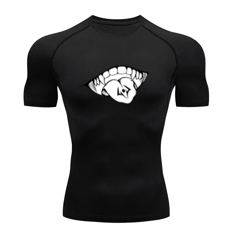 T-shirt de compression noir avec impression bouche et dents blanches sur le devant