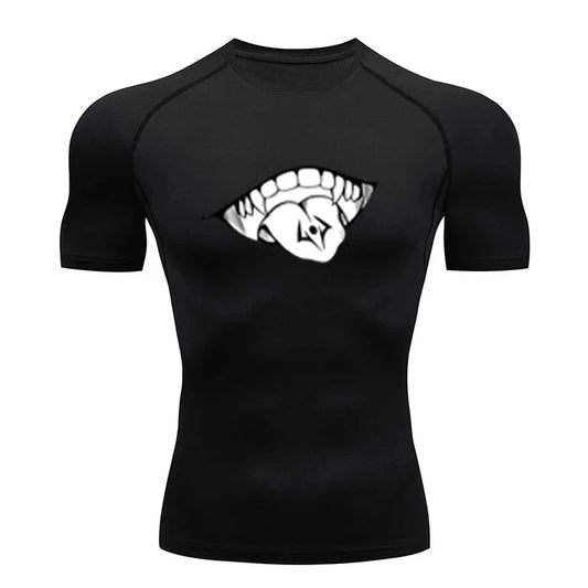 T-shirt de compression noir avec impression bouche et dents blanches sur le devant