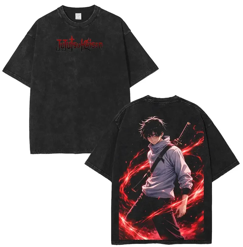 T-shirt noir manches courtes avec impression rouge et personnage stylisé sur le devant