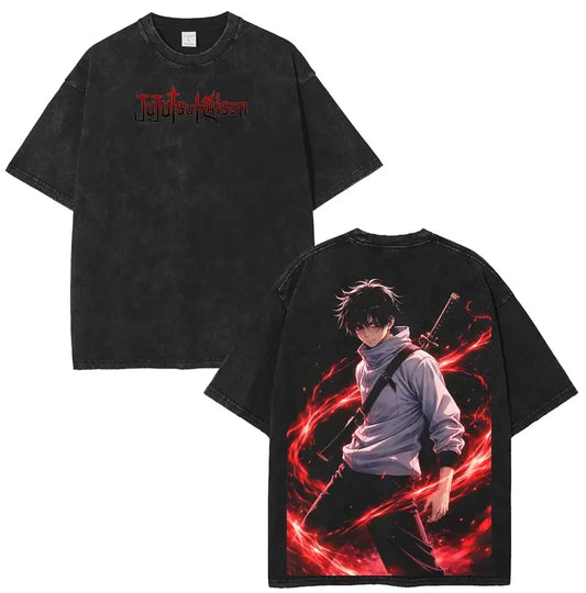 T-shirt noir manches courtes avec impression rouge et personnage stylisé sur le devant