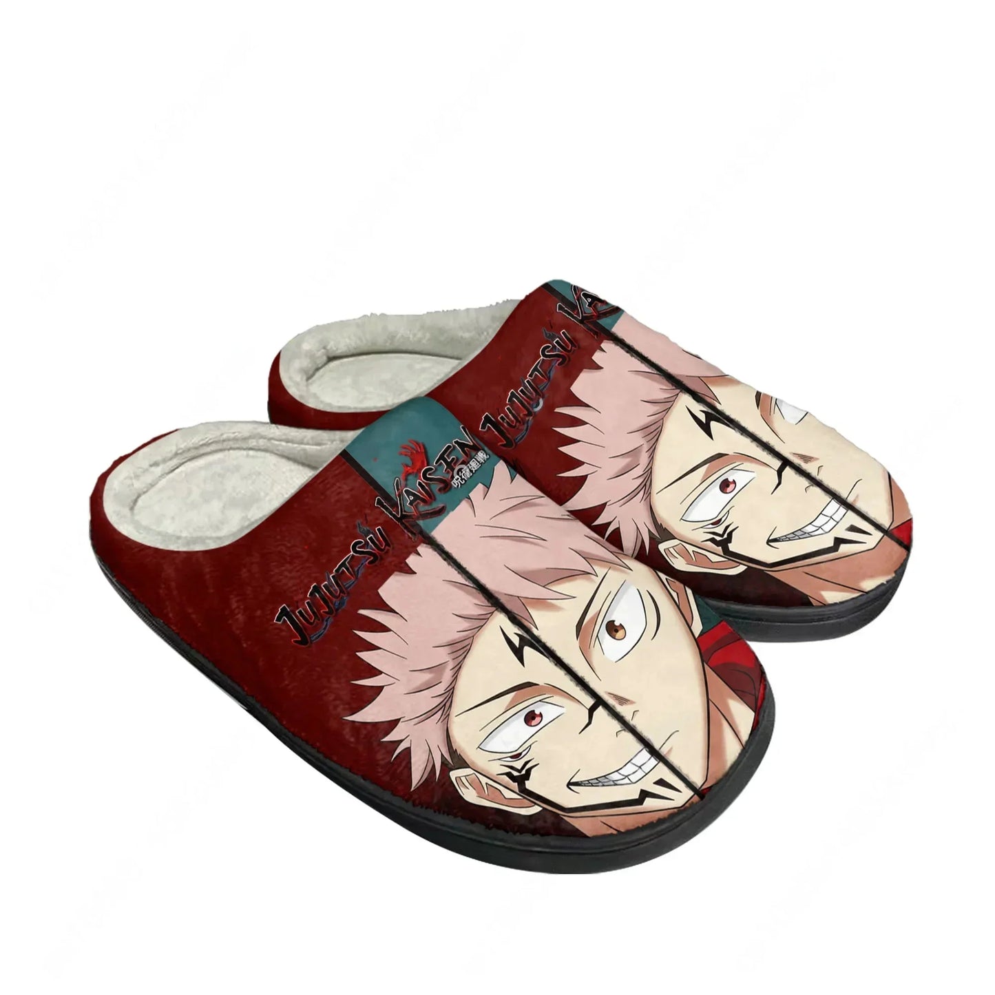 Chaussons rouges en tissu, semelle noire, imprimé double visages anime