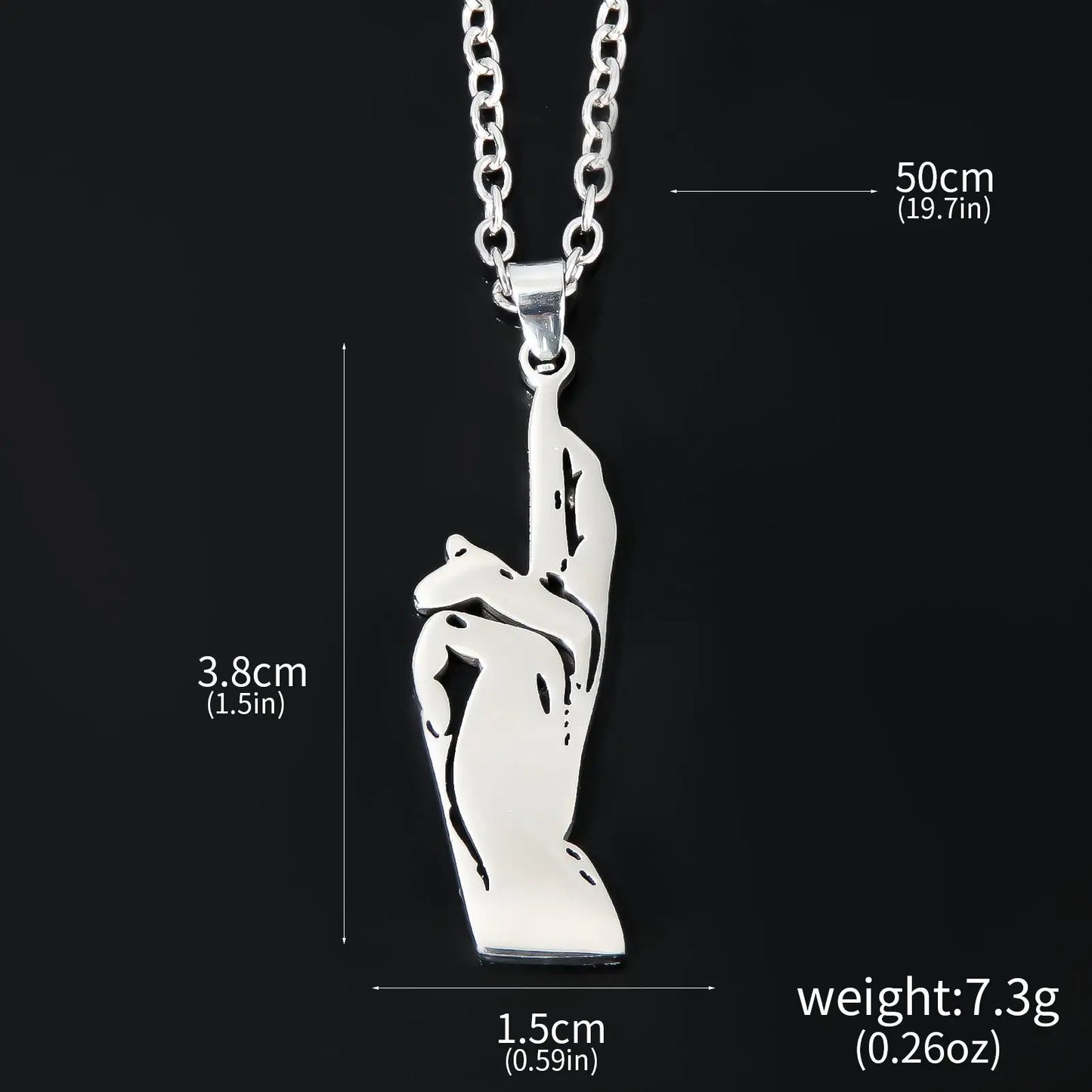 Collier à chaîne à maillons, pendentif métal blanc en forme de poing
