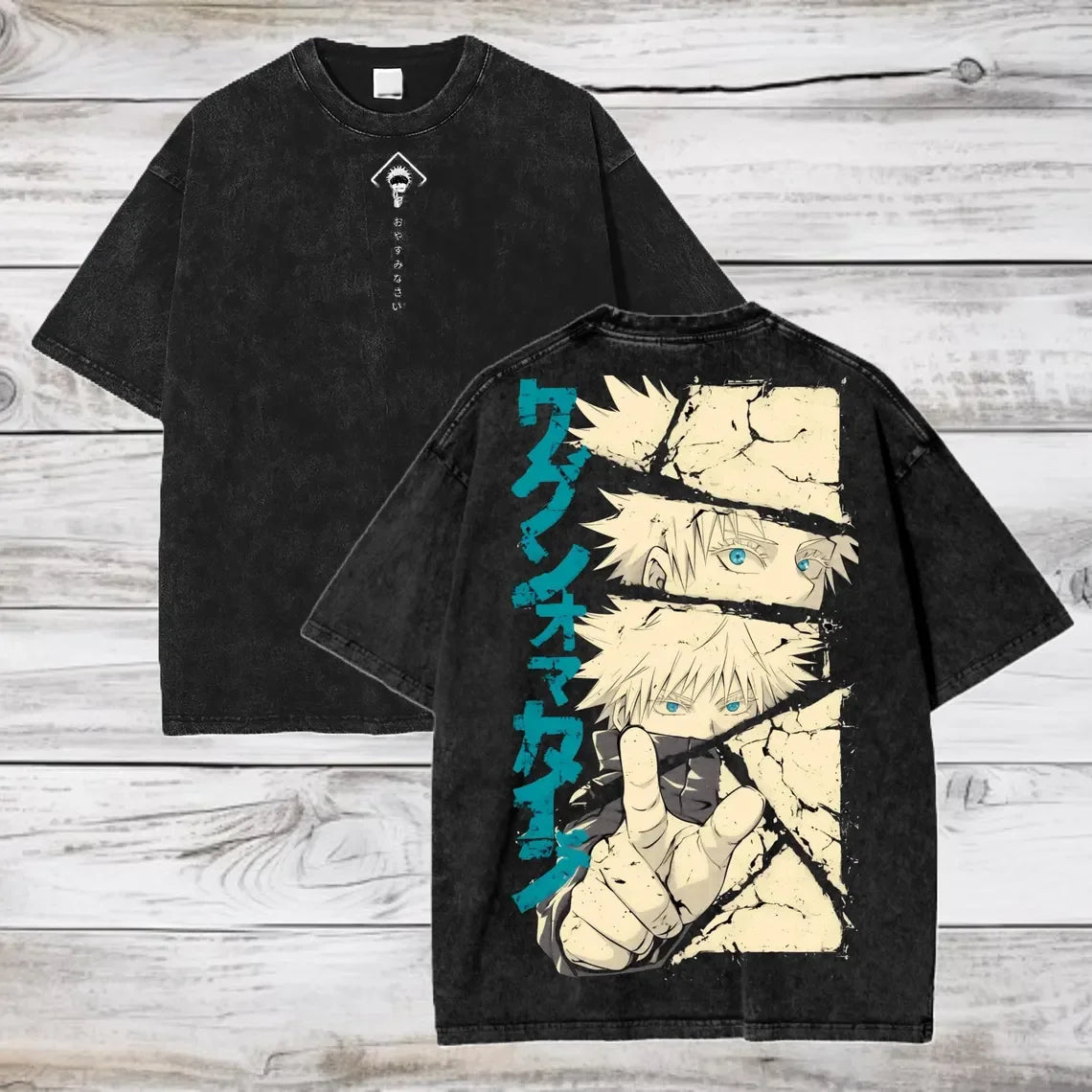 T-shirt noir à manches courtes, grand visuel Gojo sur le devant