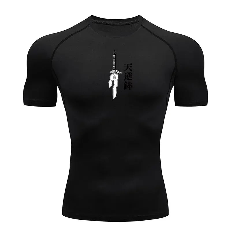 T-shirt de compression noir avec coutures contrastées et motif épée blanche au centre