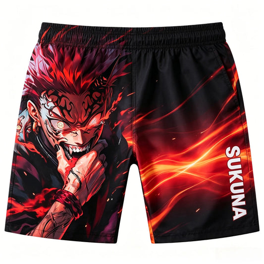 Short noir avec motifs animés rouges, taille élastique et jambe droite