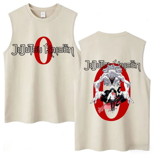 Débardeur Jujutsu Kaisen Yuta Rika Logo Zéro : beige sans manches avec grand logo rouge O et personnages imprimés devant et dos