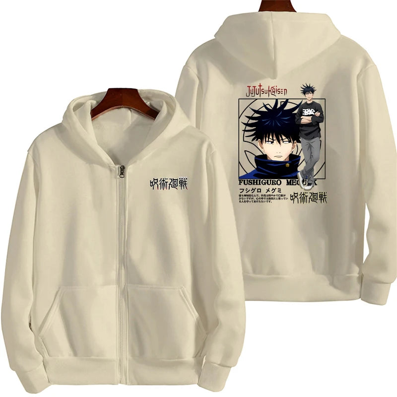 Veste à capuche zippée ivoire, imprimé manga sur le panneau arrière.