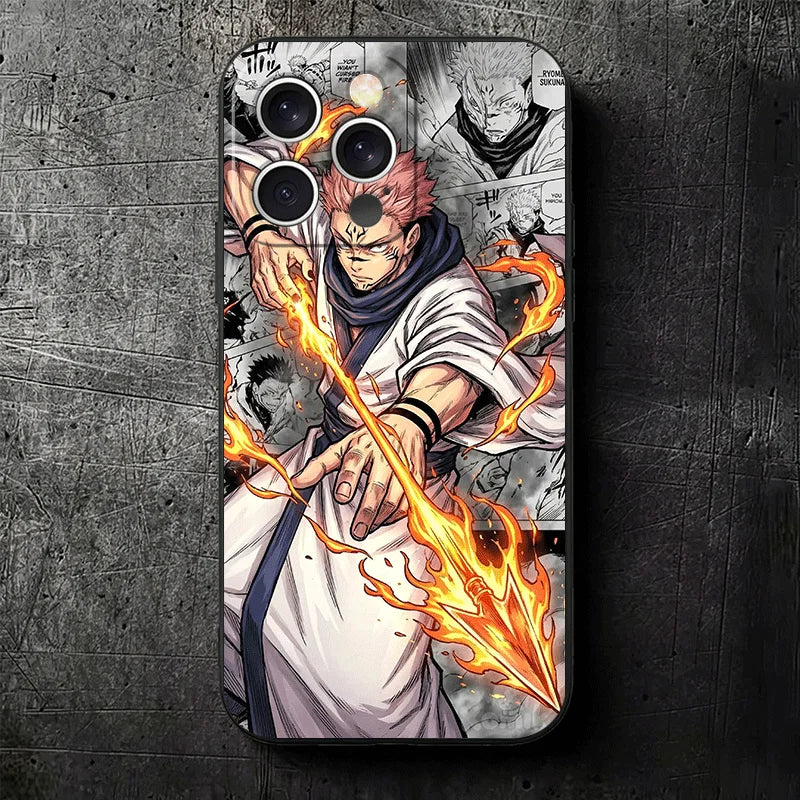 Coque iPhone Ryomen Sukuna, pose en robe blanche avec flammes orange, caméras arrière