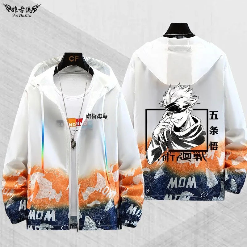 Veste à capuche zippée blanche, imprimé Gojo au dos, bas orange et bleu.