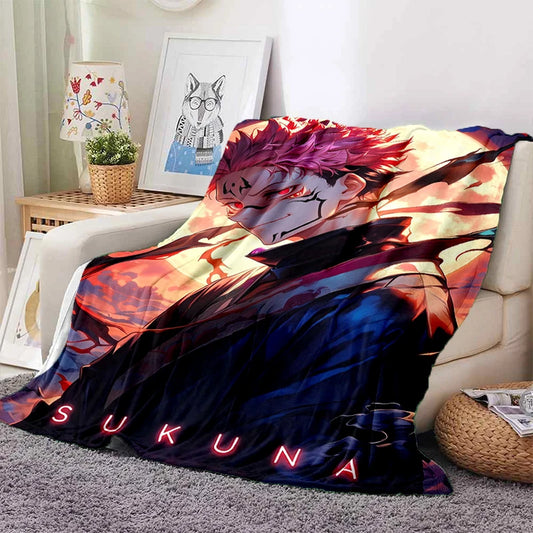 Plaid Jujutsu Kaisen Ryomen Sukuna Yeux Rouge : Ryomen Sukuna aux yeux rouges, motif animé, fond bleu foncé, lettres rouges