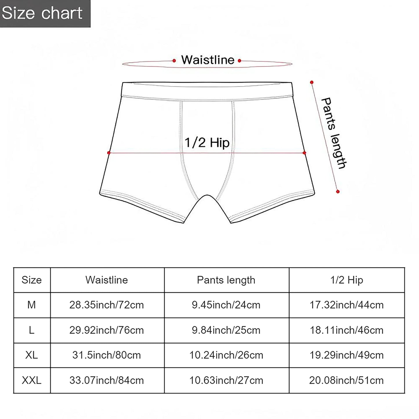 Tableau des tailles pour boxer : tour de taille et longueur, tailles M à XXL