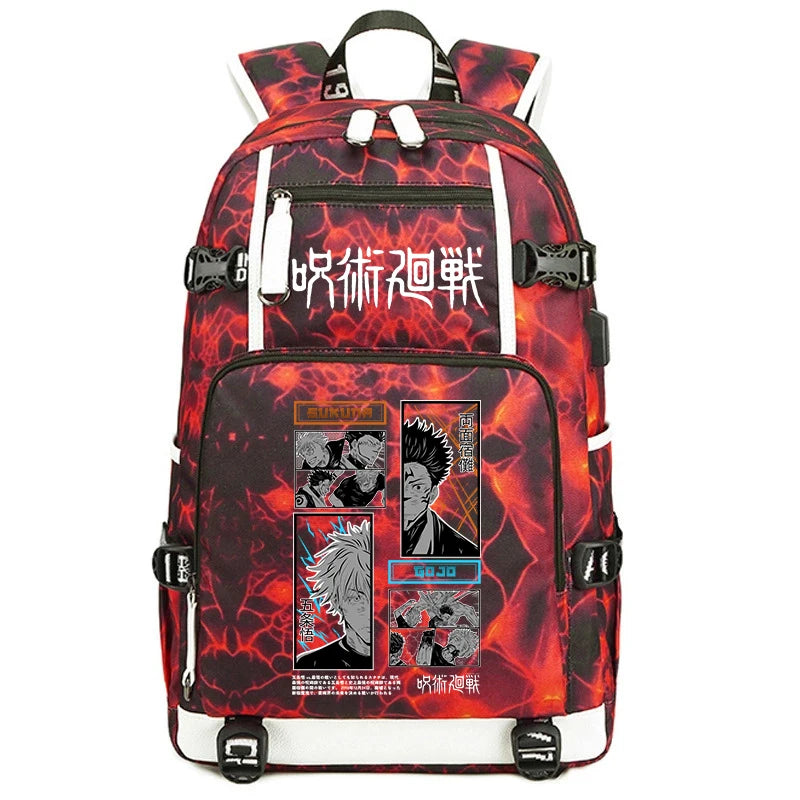 Sac à dos rouge et noir avec motifs éclairs, poches zippées et bretelles noires.