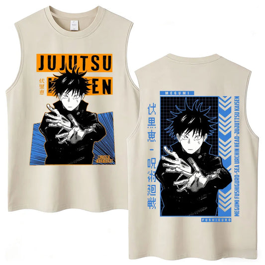 Débardeur Jujutsu Kaisen : sans manches beige, imprimé Megumi cadre orange et bleu, recto-verso