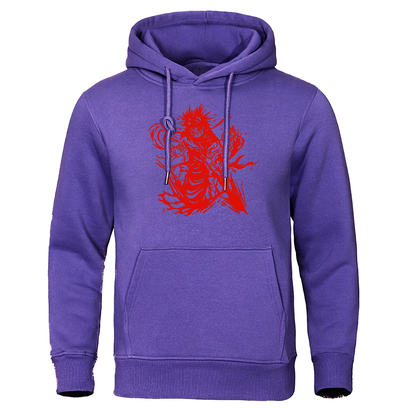 Sweat à capuche violet avec grand motif rouge au centre et poche kangourou.