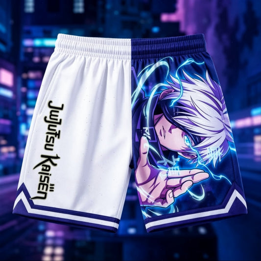 Short blanc et bleu avec imprimé anime, taille élastique.