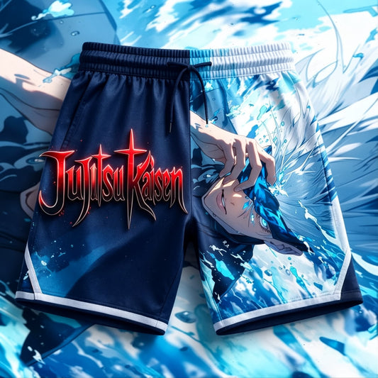 Short bleu avec imprimé Jujutsu Kaisen et bordures contrastées, taille élastique
