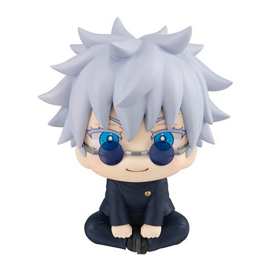 Figurine Jujutsu Kaisen assise, cheveux gris, lunettes et yeux bleus, 10 cm.