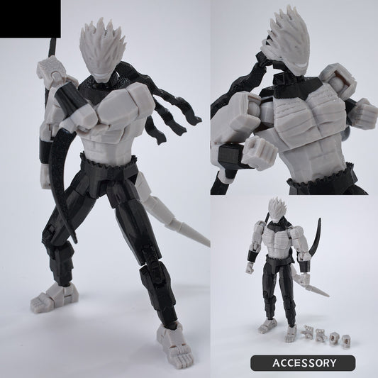Figurine articulée Mahito en armure noire et grise, mains multiples, accessoires inclus