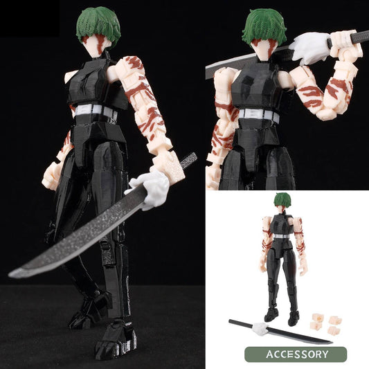 Figurine articulée en tenue noire, cheveux verts, avec accessoires et sabre.