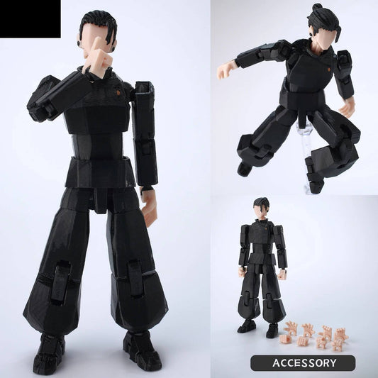 Die schwarze bewegliche Figur stellt eine Person in dunkler Kleidung dar, und sowohl die Arme als auch die Beine sind beweglich.