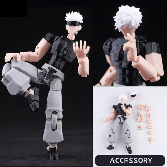 Figurine articulée anime à cheveux blancs et pantalon gris, tenue noire, mains posées.