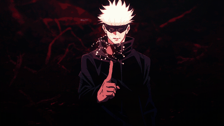 Gojo Satoru, bandeau noir et doigt levé, dans une lueur rouge sombre — animation Jujutsu Kaisen